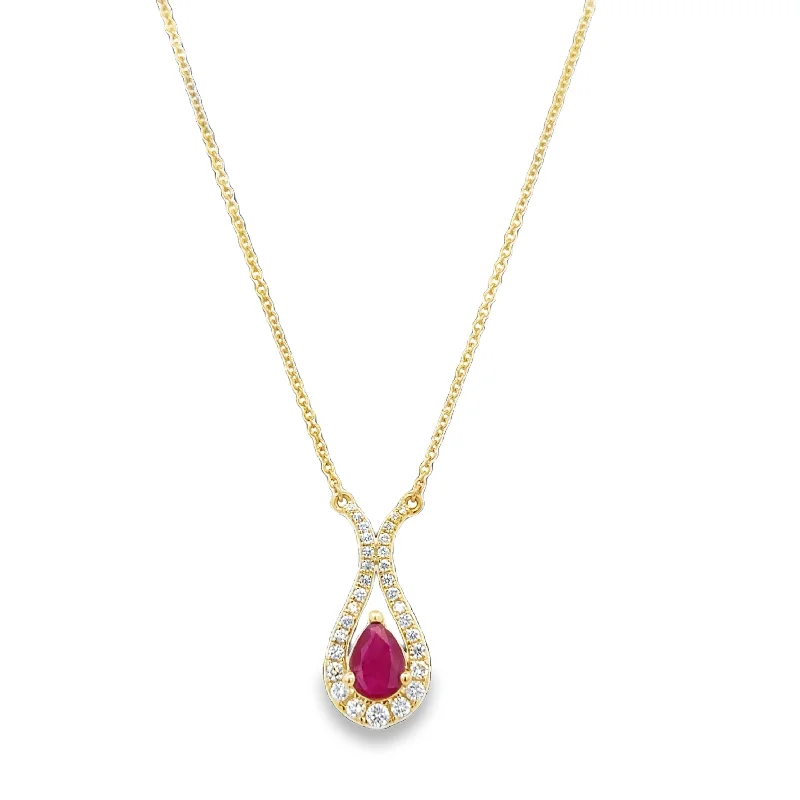 Ruby necklace for women-Ruby and Diamond Pendant in Yellow Gold