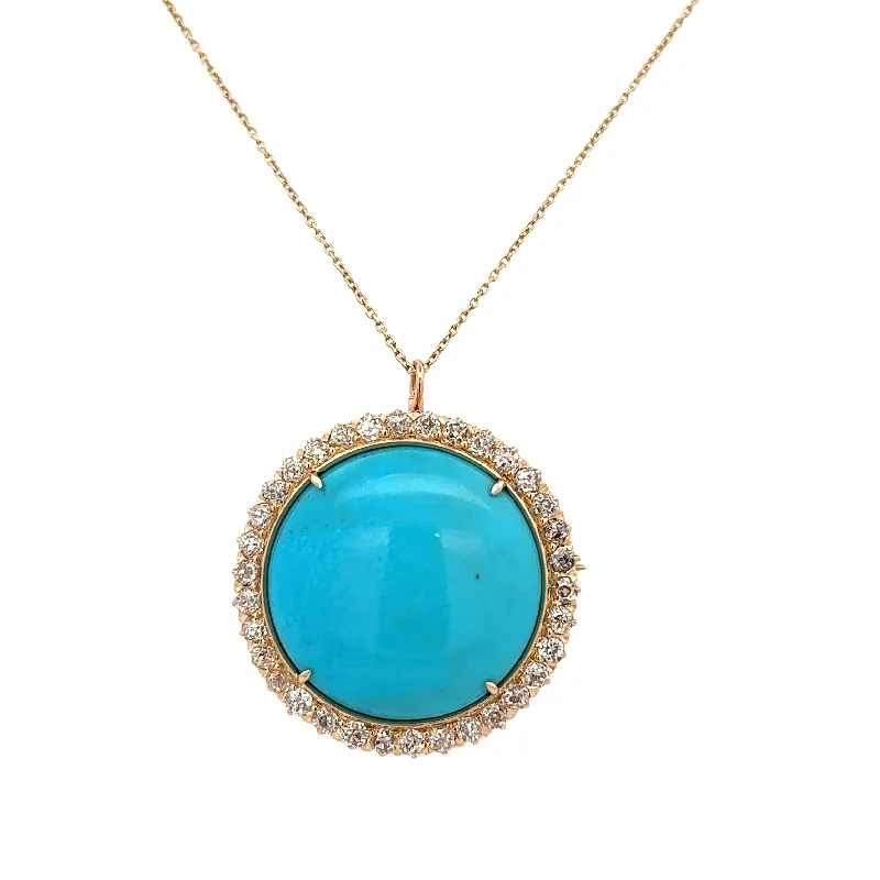 Gold diamond necklace for women-Vintage Persian Turquoise and Old Mine Diamond Pendant Necklace in Yellow Gold