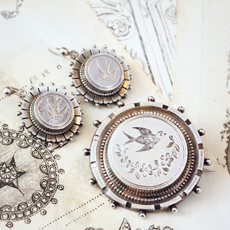 Diamond earrings for women-Antique Victorian Silver Set of Earrings & Brooch