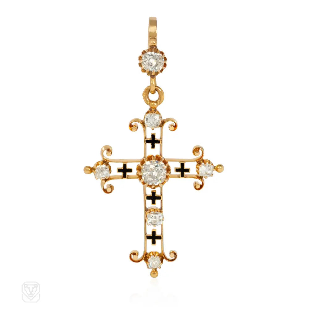 Long statement necklace for women-Antique gold, diamond, and enamel cross pendant