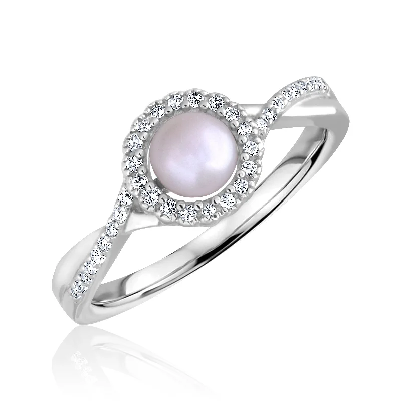 Engagement rings with sapphires for women-Pearl and Diamond Halo June Birthstone Ring in Sterling Silver