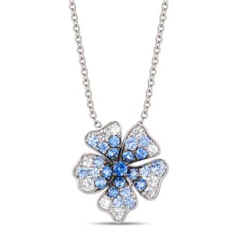 Gold gemstone necklace for women-14K White Gold 1.39ctw White & Blue Sapphire Ombre Flower Necklace by Le Vian