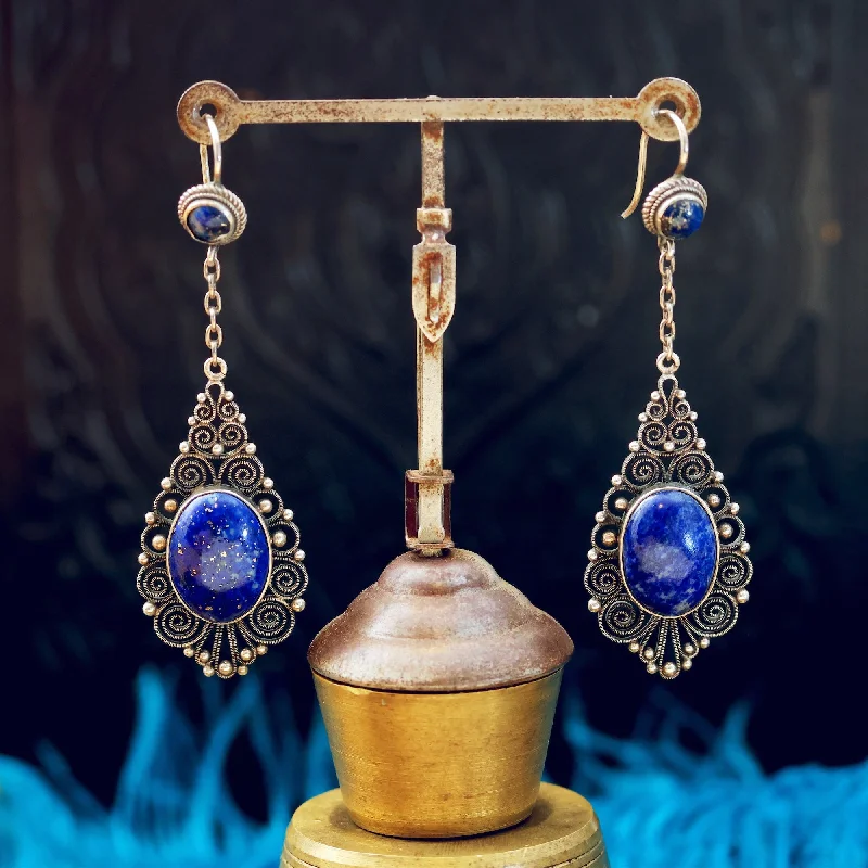 Birthday gift earrings for women-Finest Vintage Silver Filigree Lapis Lazuli Drop Earrings