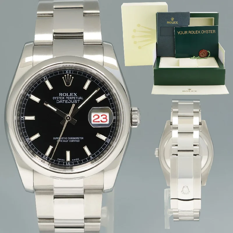 Wristwatches with second hand-2010 MINT Rolex DateJust 36mm 116200 Steel Black Stick Oyster Watch Box