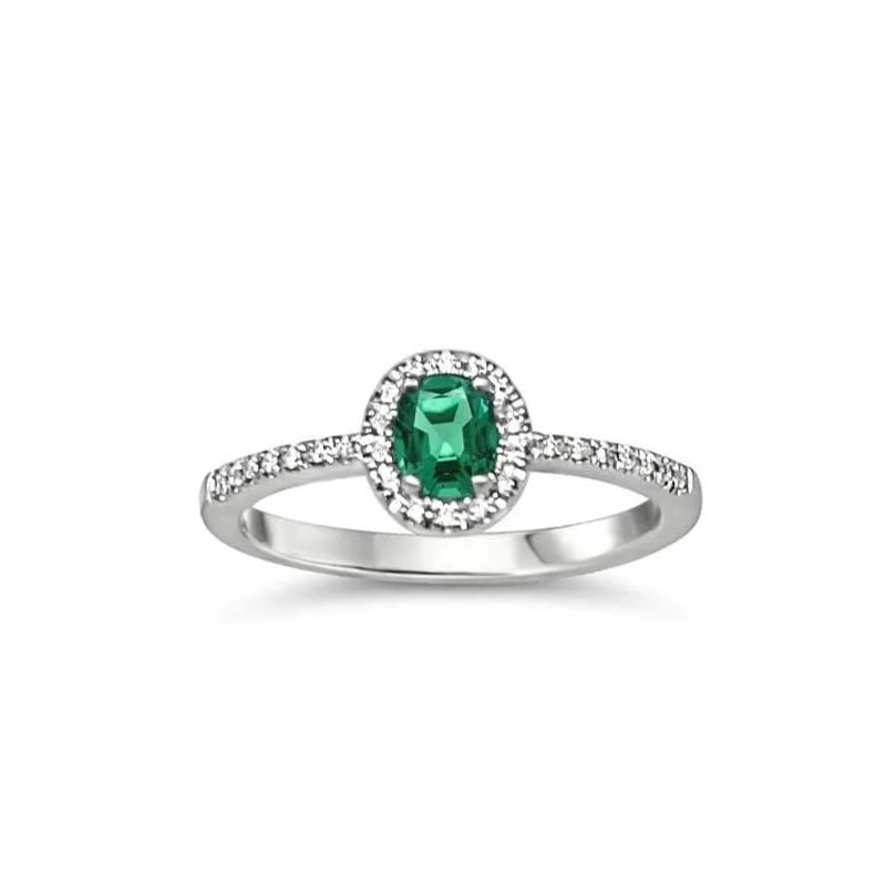 Engraved engagement rings for women-Oval Emerald and Diamond Halo Ring, 14K White Gold