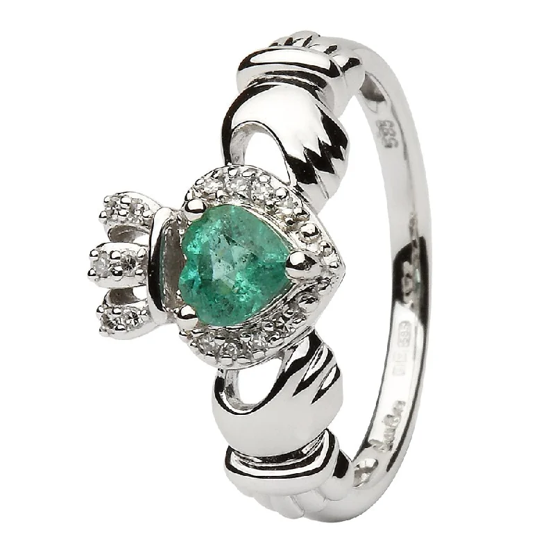 Affordable solitaire engagement rings for women-Ladies 14K White Gold Claddagh Ring with Emerald and Diamonds - SL-14L82EW