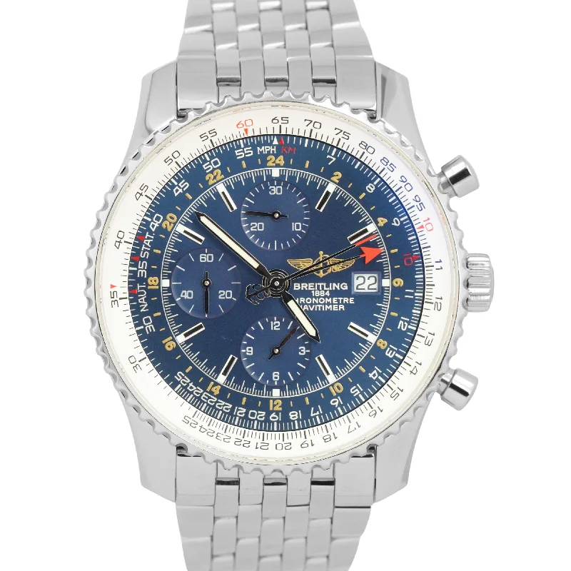 Designer luxury wristwatches for women-MINT PAPERS Breitling Navitimer World GMT BLUE Steel Chronograph 46mm A24322 BOX