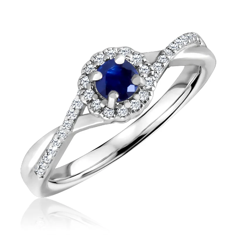 Round cut engagement rings for women-Blue Sapphire and Diamond Halo September Birthstone Ring in Sterling Silver