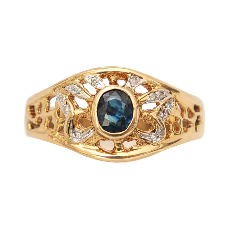 Classic solitaire engagement rings for women-9 kt Yellow Gold Blue Sapphire and Diamond Filigree Ring