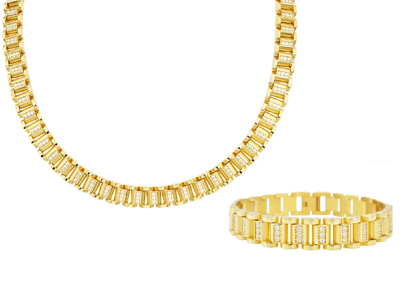 Necklace with initials for women-Mens Gold Plated Stainless Steel Chain Link Set With Cubic Zirconia