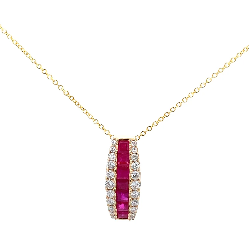 Oval necklace for women-Curved Ruby and Diamond Pendant in Yellow Gold