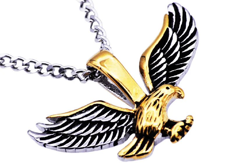 Bar necklace for women-Mens Gold Stainless Steel Eagle Pendant Necklace With 24" Curb Chain