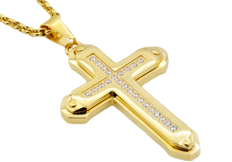 Diamond necklace for women-Mens Gold Stainless Steel Cross Pendant Necklace With Cubic Zirconia