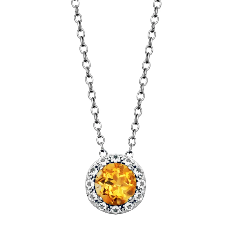 Choker chain necklace for women-Sterling Silver Citrine & White Topaz Halo Necklace by Samuel B.