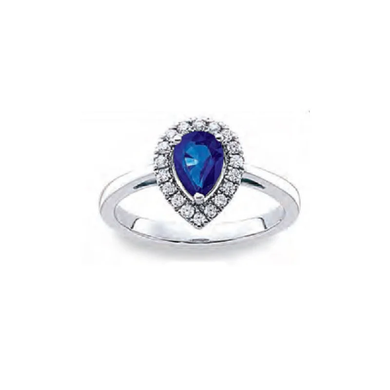 Diamond solitaire engagement rings for women-Pear Shape Created Blue Sapphire Diamond Halo Ring in 10k White Gold