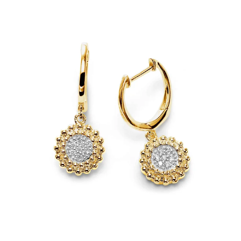 Two-tone engagement rings for women-Round Pavé Diamond Cluster Dangle Hoops, 14K Yellow Gold