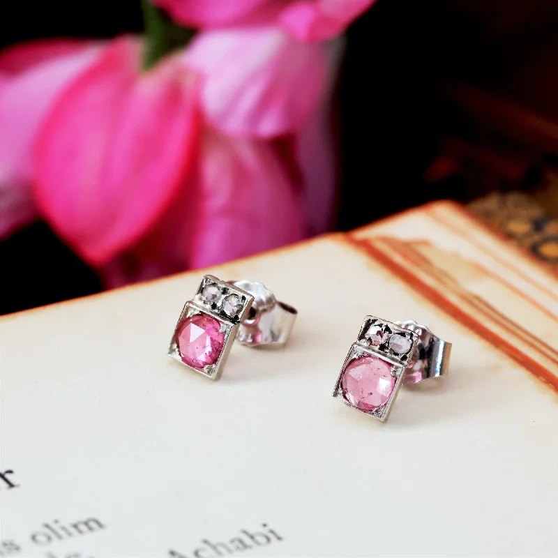 Fashionable earrings for women-Art Deco Pink Tourmaline & Diamond Stud Earrings