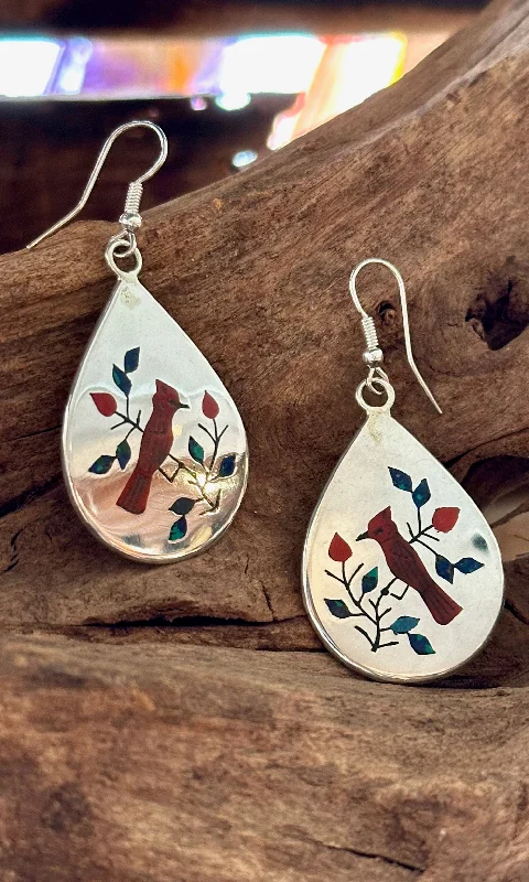 Chic earrings for women-RAYMOND BOYD Navajo, Cardinal Multi-Stone Inlay Sterling Silver Dangle Earrings