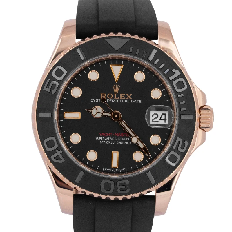 Waterproof luxury wristwatches-MINT Rolex Yacht-Master Black 18K Rose Gold Oysterflex Rubber 37mm Watch 268655