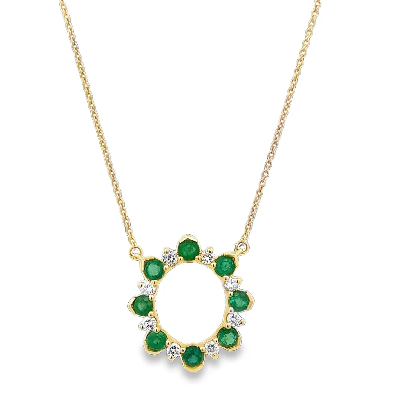 Romantic diamond necklace for women-Emerald and Diamond Circle Necklace in Yellow Gold