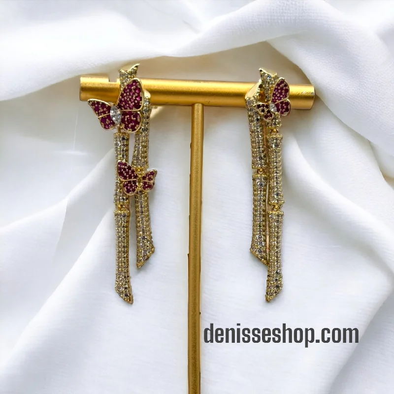 Long dangling earrings for women-Butterflies Pink Stone Earrings E191