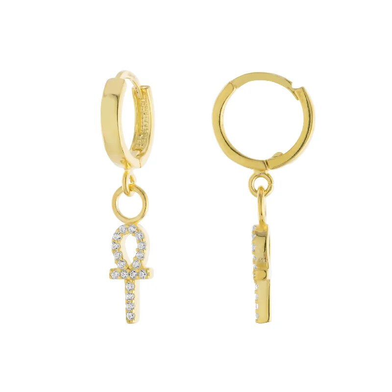 Vintage earrings for women-Ankh Charm Huggies