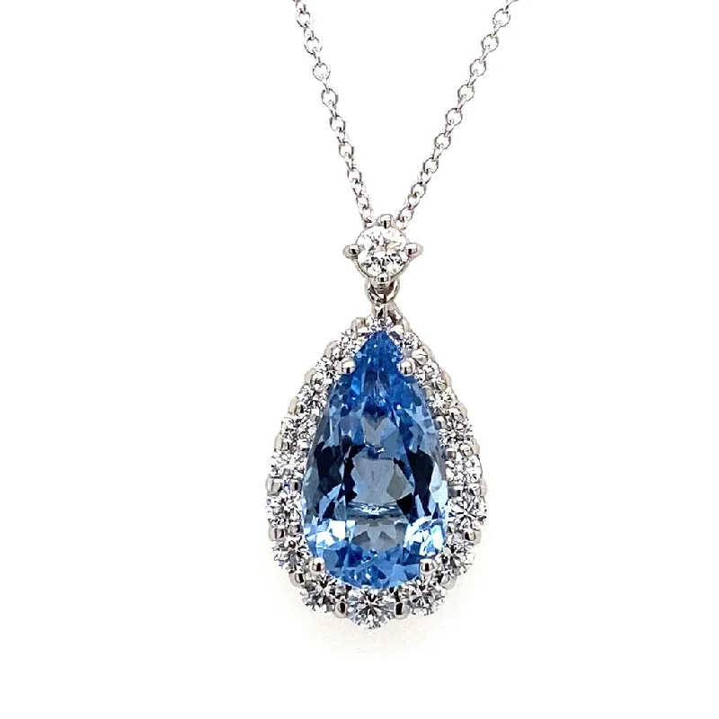 Vintage necklace for women-18K White Gold 6.42ctw Pear Aquamarine & Diamond Halo Necklace