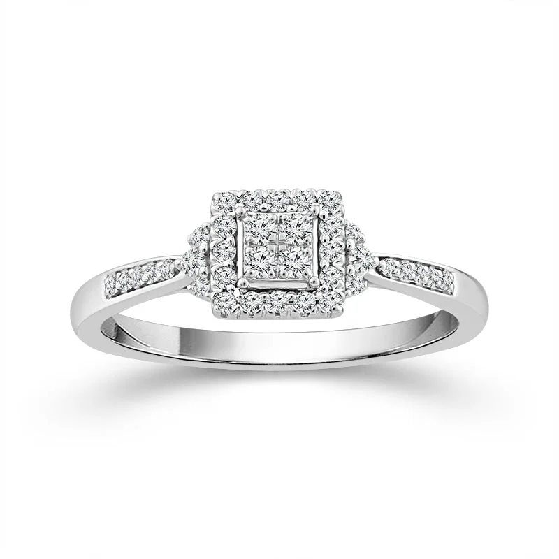 Engagement rings with three stones for women-1/4 Ctw Multi Stone Diamond Halo Promise Ring in 10 Karat White Gold