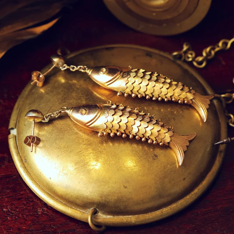 Luxury diamond earrings for women-INCREDIBLE 14ct Gold Vintage Articulated Carp Fish Earrings