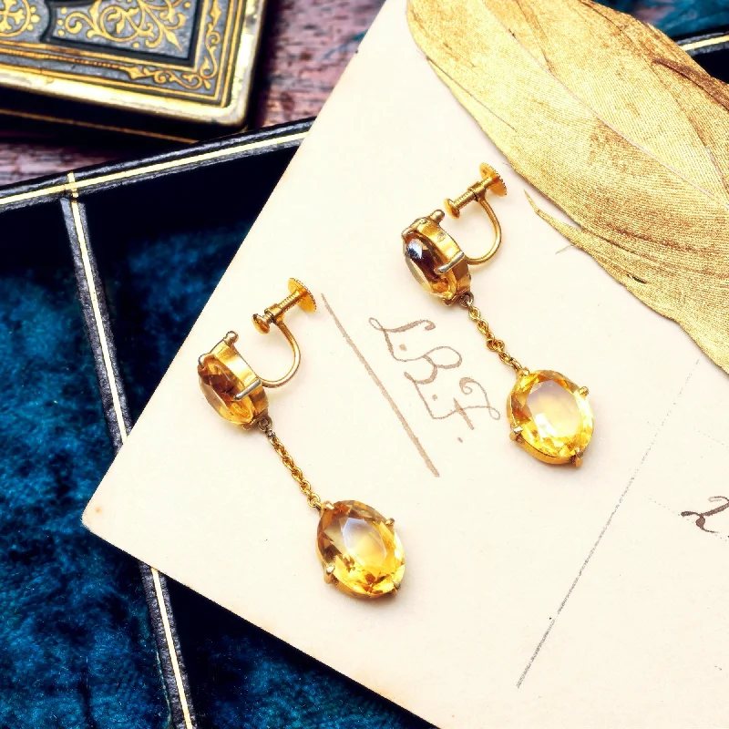 Personalized earrings for women-Vintage Glow! Silver Gilt Citrine Drop Earrings