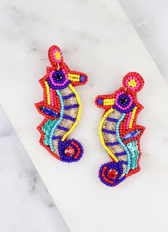 Round hoop earrings for women-Shellton Embellished Seahorse Post Earring Multi