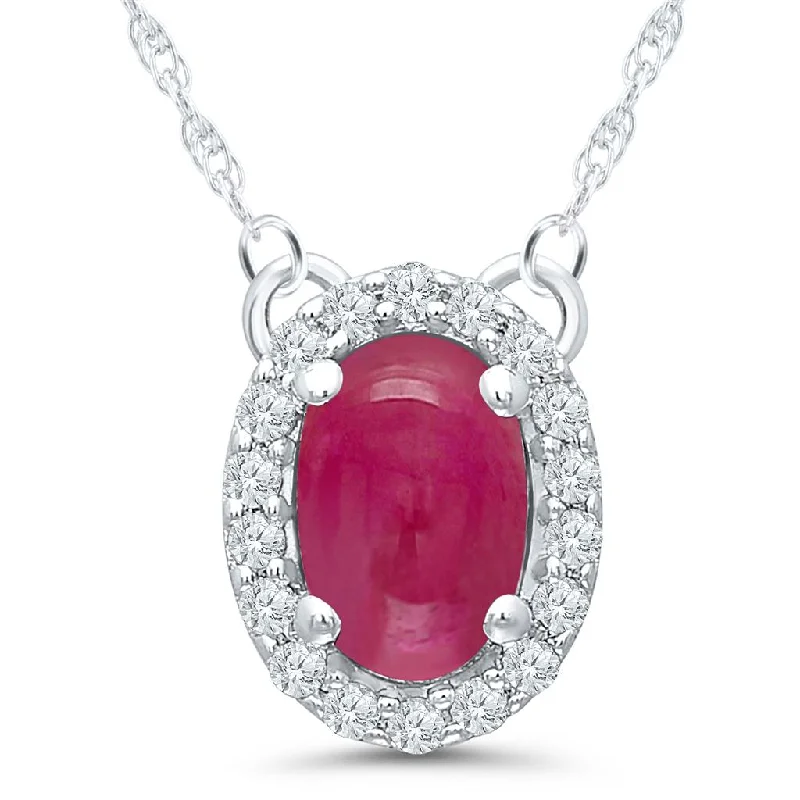 Custom gold pendant necklace for women-14K White Gold 0.75ctw Oval Cabochon Ruby & Diamond Halo Necklace