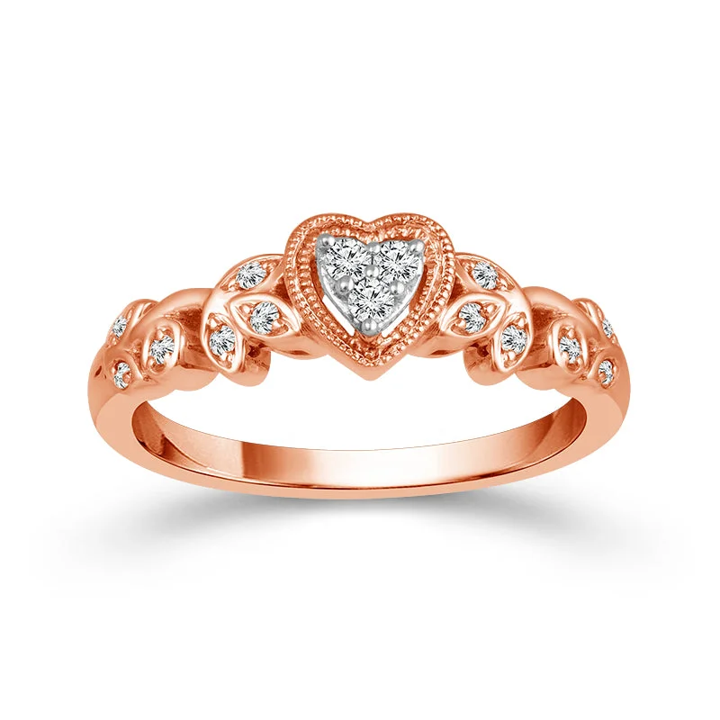 Sparkling engagement rings for women-1/8 Ctw Heart Shape Multi Stone Diamond Promise Ring in 10 Karat Rose Gold