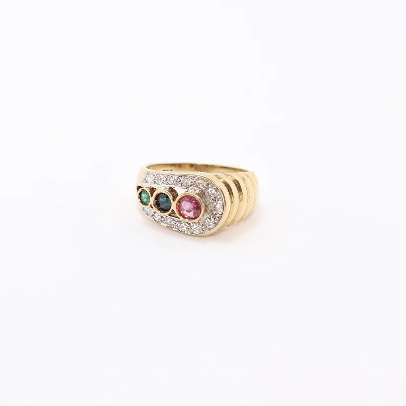 Engagement rings with bezel setting for women-Yellow Gold Blue and Pink Sapphire with Emerald and Diamond Dress Ring