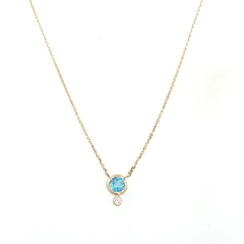 Birthday necklace for women-14K Yellow Gold 4mm Round Blue Topaz & Diamond Necklace