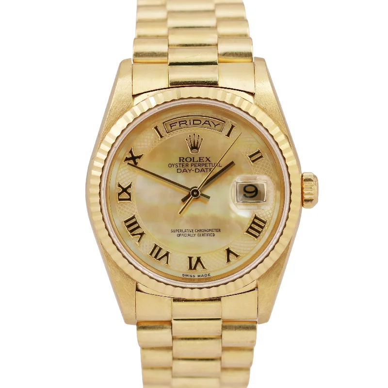 Men's formal wristwatches-UNPOLISHED Rolex Day-Date President MOP DECO ROMAN 36mm 18K Yellow Gold 18238