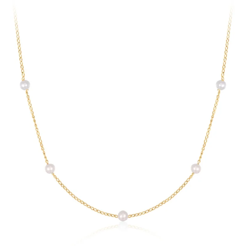 Silver chain necklace for women-14K Yellow Gold Pearl Station Necklace by Aurelie Gi