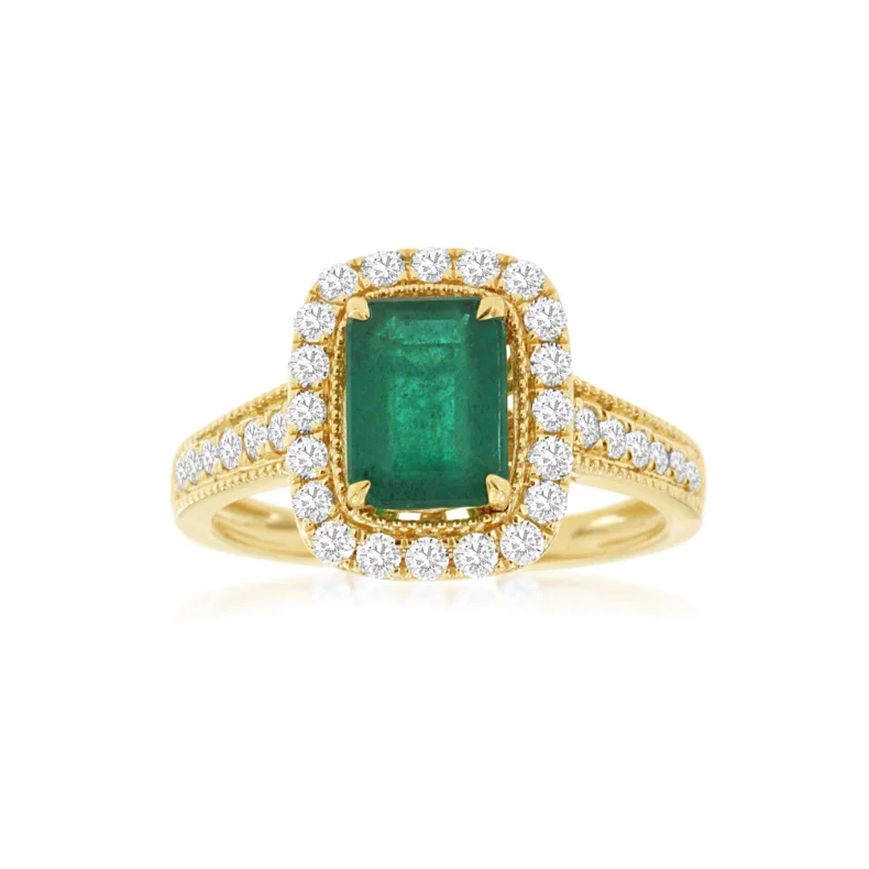 Engagement ring sets for women-14 Karat Yellow Gold Emerald Cut Emerald and Diamond Halo Ring