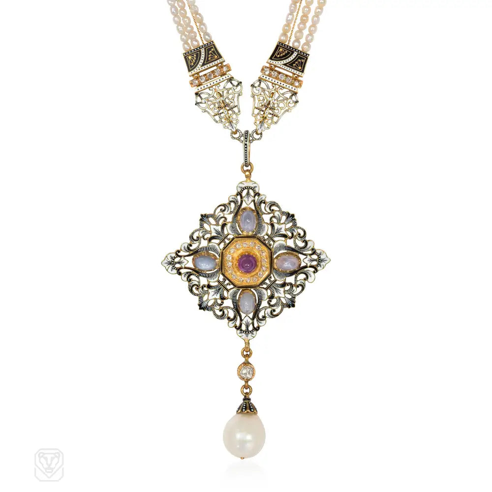 Adjustable necklace for women-Antique Giuliano multi-gem, pearl, and enamel necklace