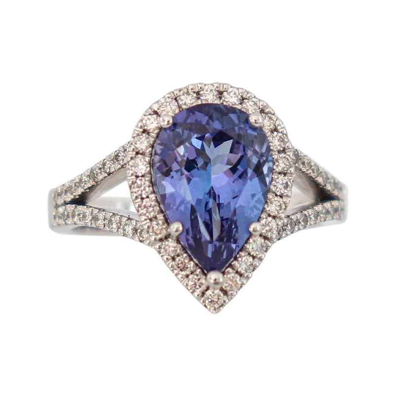 Engagement rings with three stones for women-Dazzling White Gold Pear Shape Tanzanite and Diamond Cocktail Ring