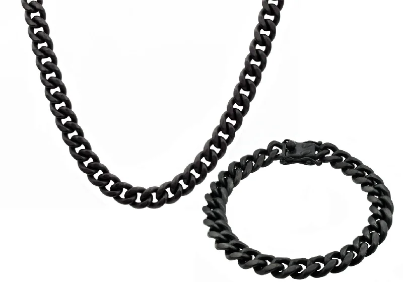 Vintage necklace for women-Mens 10mm Matte Black Stainless Steel Miami Cuban Link Chain With Box Clasp Set