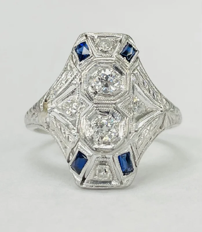 Affordable solitaire engagement rings for women-Vintage Art Deco European Diamond And Sapphire Ring