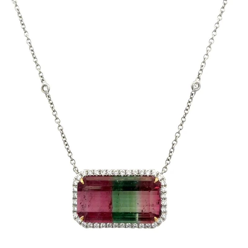 Elegant pendant necklace for women-Watermelon Tourmaline and Diamond Necklace in 18k White Gold