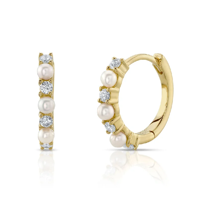 Matching earrings for women-14K Yellow Gold Diamond and Cultured Pearl Huggie Earrings