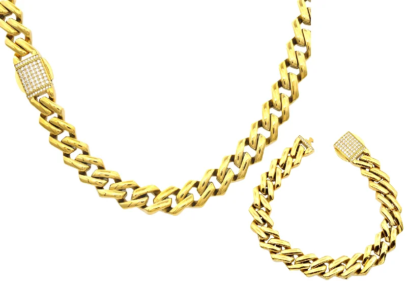 Choker necklace for women-Mens 14mm Gold Plated Stainless Steel Monaco Link Chain Set With Cubic Zirconia Embedded Box Clasp