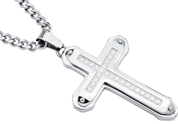 Birthstone charm necklace for women-Mens Stainless Steel Cross Pendant Necklace With Cubic Zirconia