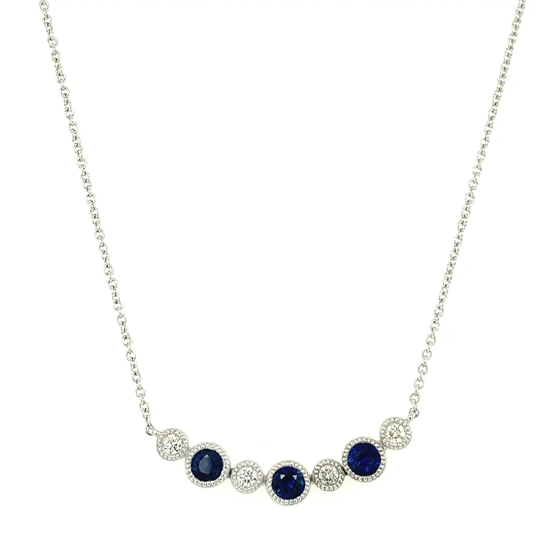 Bar necklace for women-Curved Sapphire and Diamond Necklace in White Gold