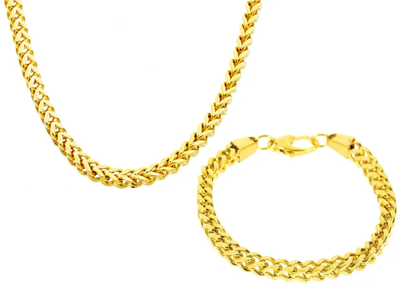 Pearl necklace for women-Mens 8mm Gold Plated Stainless Steel Franco Link Chain Set