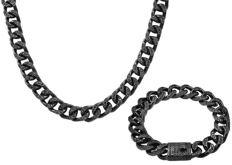 Classic silver necklace for women-Mens Black Stainless Steel Curb Link Chain Set With Cubic Zirconia