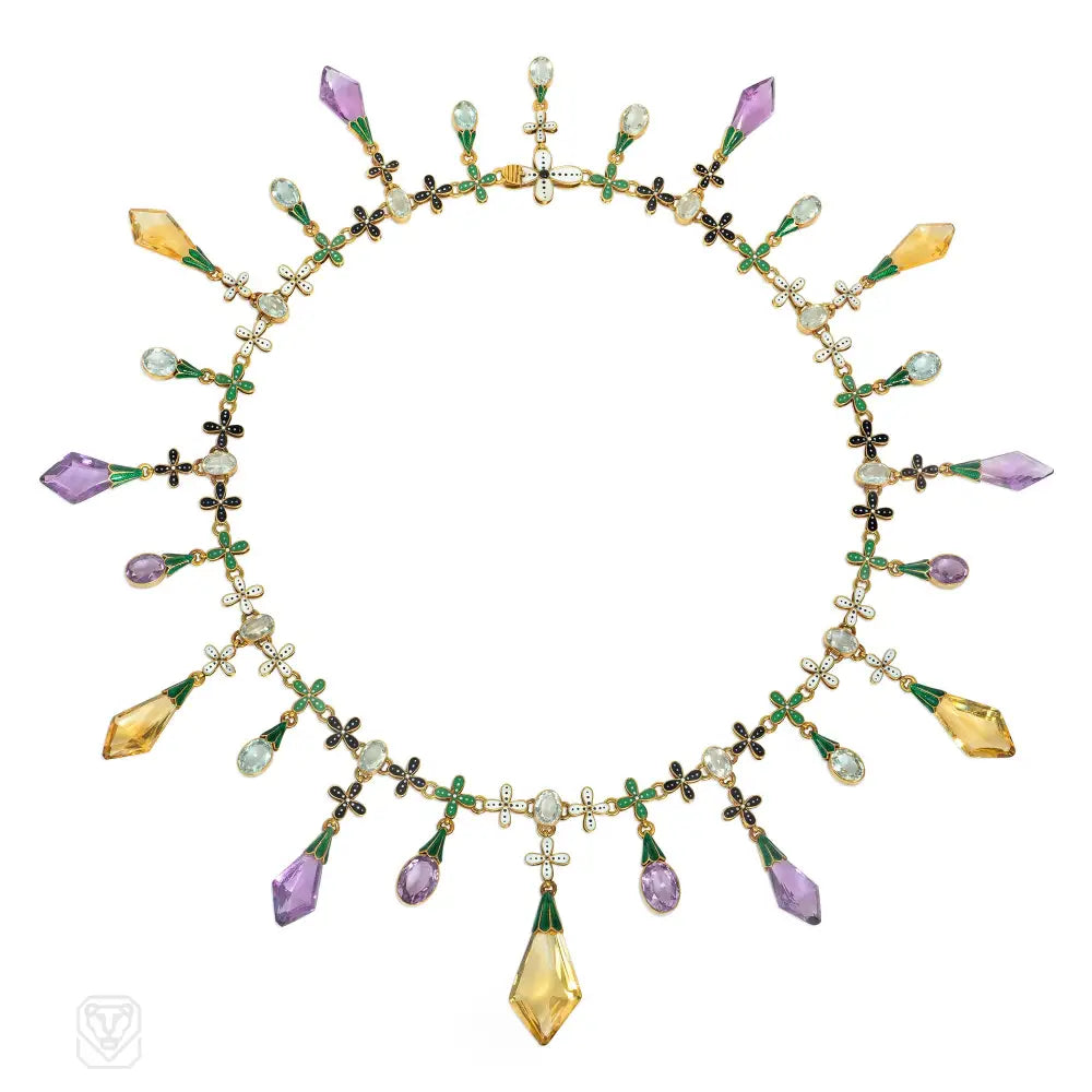 Sterling silver necklace for women-Important antique Carlo Giuliano multi-gem, enamel, and gold necklace